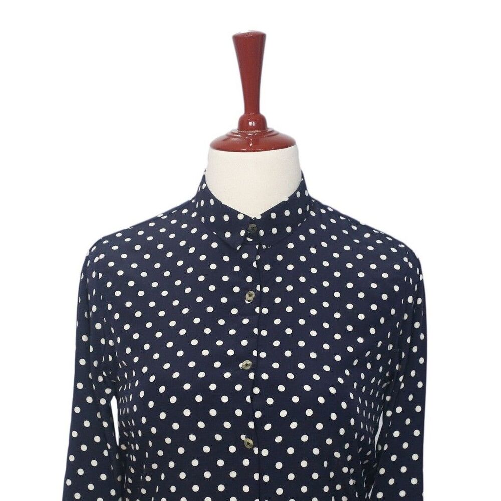 Womens Silky Satin Shirt Blue Polka Dot Blouse Button Up Dressy Top Medium Work - Picture 3 of 7